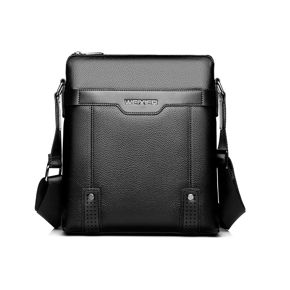 Men's black PU leather shoulder bag with single strap and zip opening