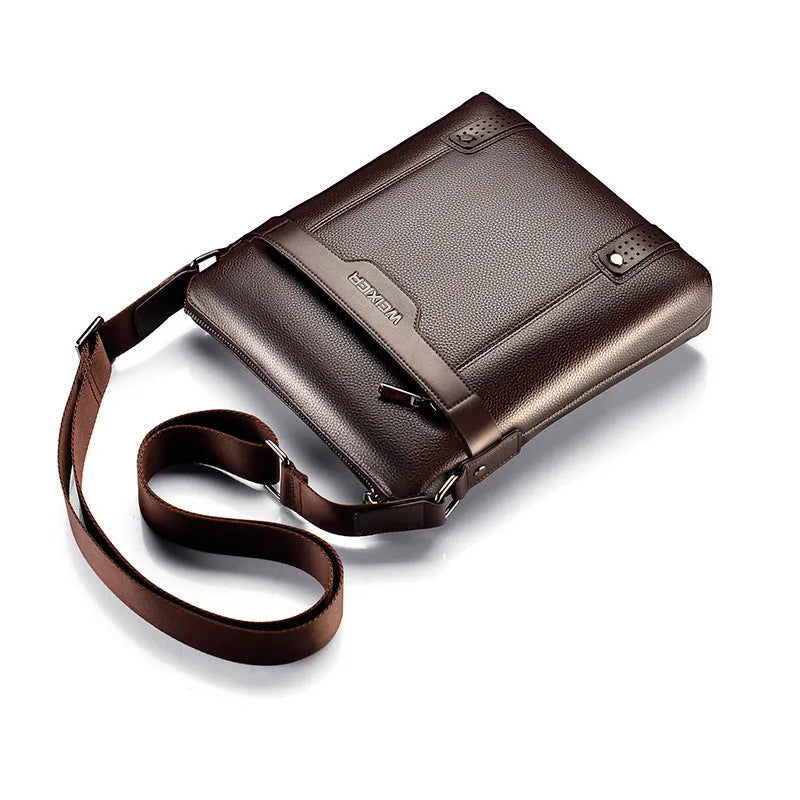 Men's black PU leather shoulder bag with single strap and zip opening