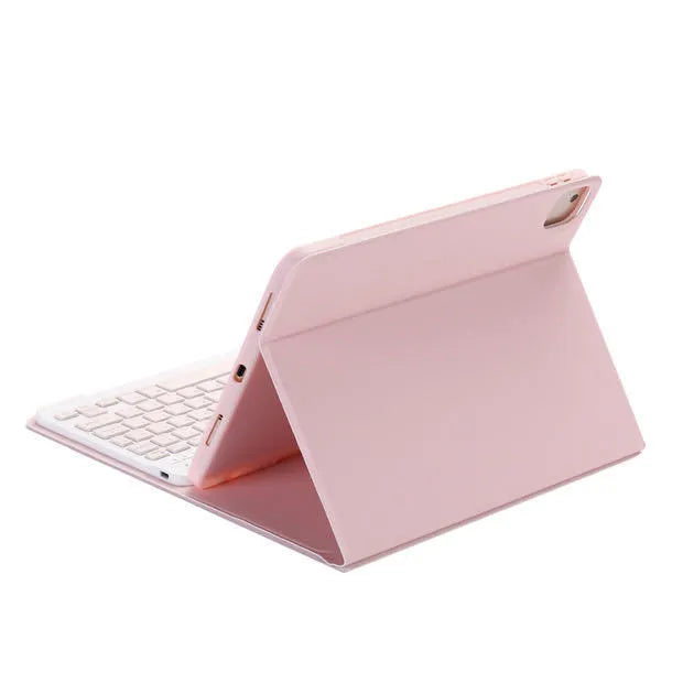Flat Bluetooth keyboard case for iPad with pen slot, imitation leather clamshell design, pure colour finish