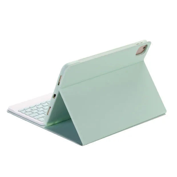 Flat Bluetooth keyboard case for iPad with pen slot, imitation leather clamshell design, pure colour finish