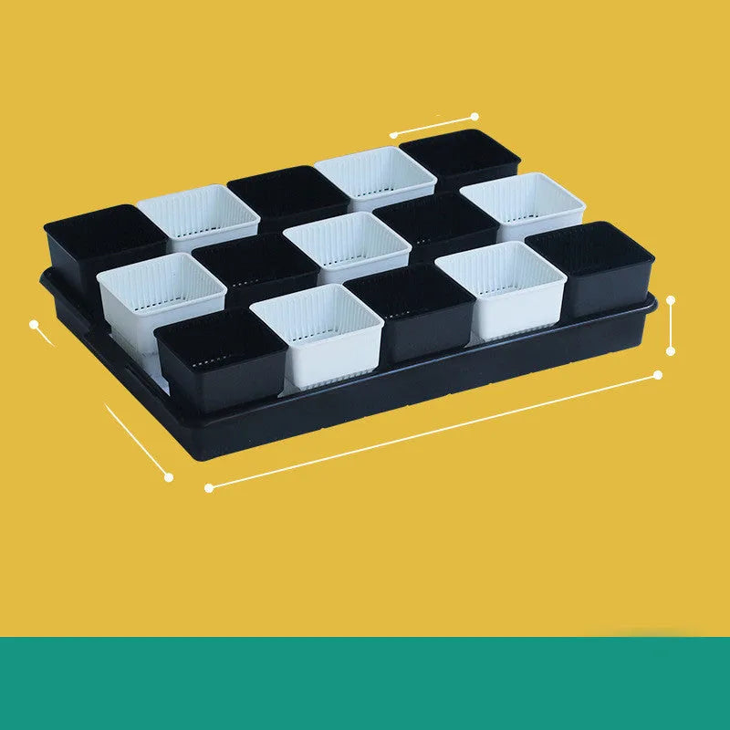 Black and white modular plastic flower pots and tray set for succulents and balcony gardening.