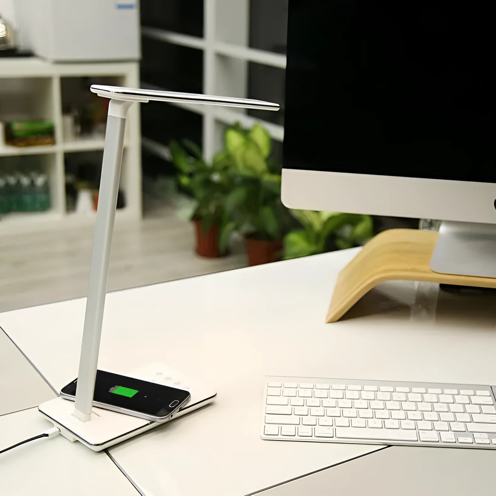 Wireless charging desk lamp in black or white with LED lighting and touch control