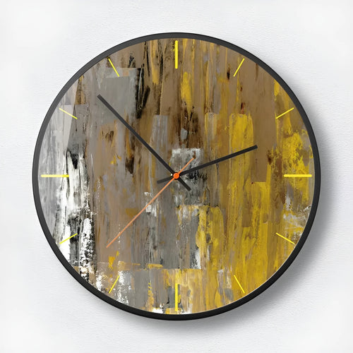 Round abstract art wall clock with metal frame and black pattern designs showing sweep second hand