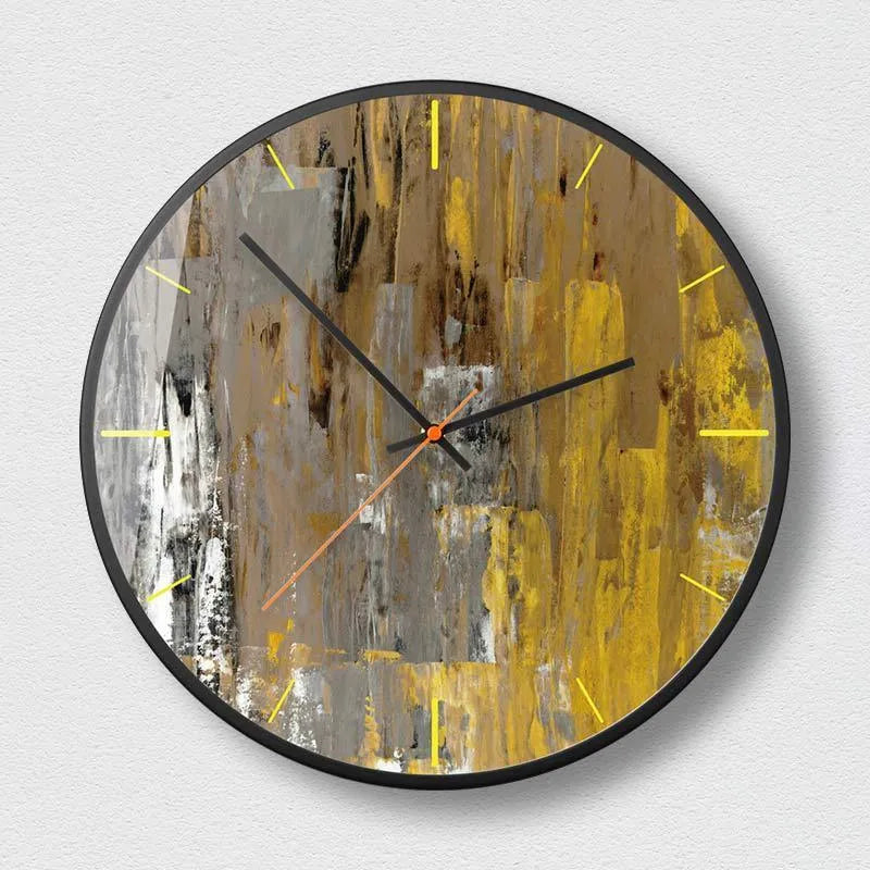 Round abstract art wall clock with metal frame and black pattern designs showing sweep second hand