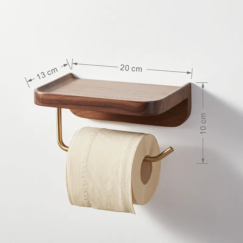 Solid walnut wood wall-mounted paper towel holder with brass fittings, wood colour finish