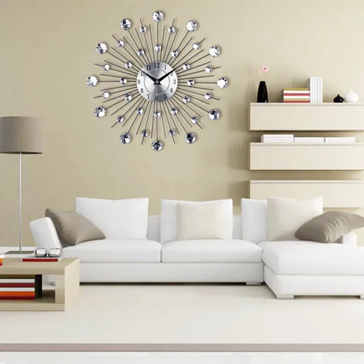 Silver round metal wall clock 33 cm diameter with quartz movement and number display