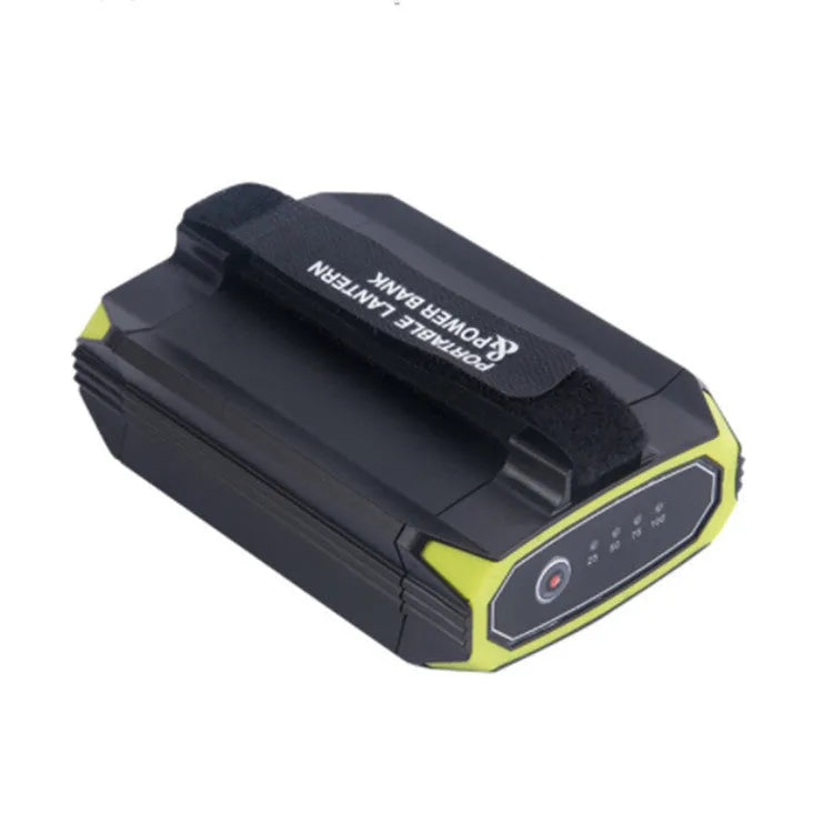 Green rechargeable LED camping light with power bank function showing dimmable controls