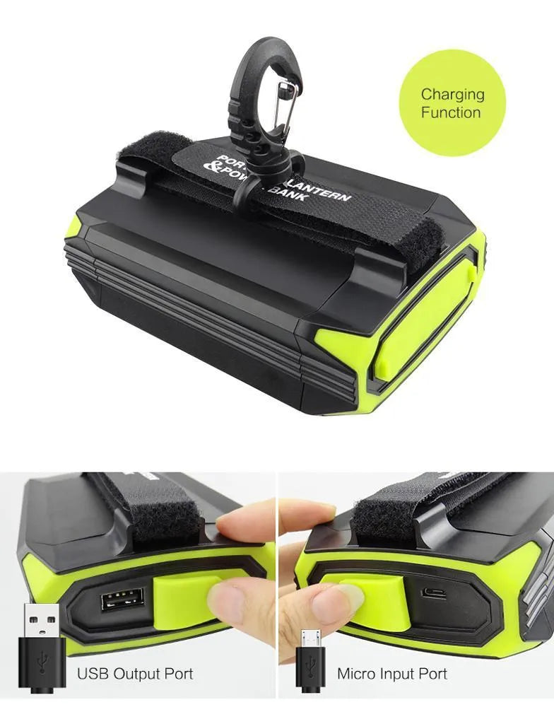 Green rechargeable LED camping light with power bank function showing dimmable controls