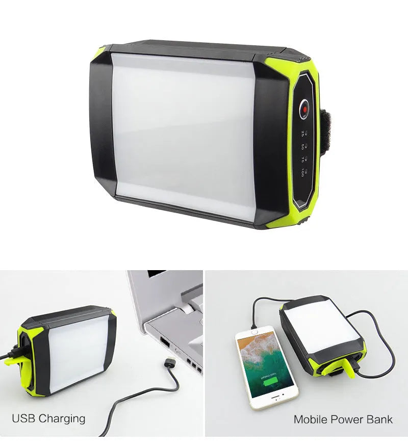 Green rechargeable LED camping light with power bank function showing dimmable controls