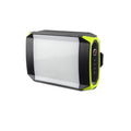 Green rechargeable LED camping light with power bank function showing dimmable controls
