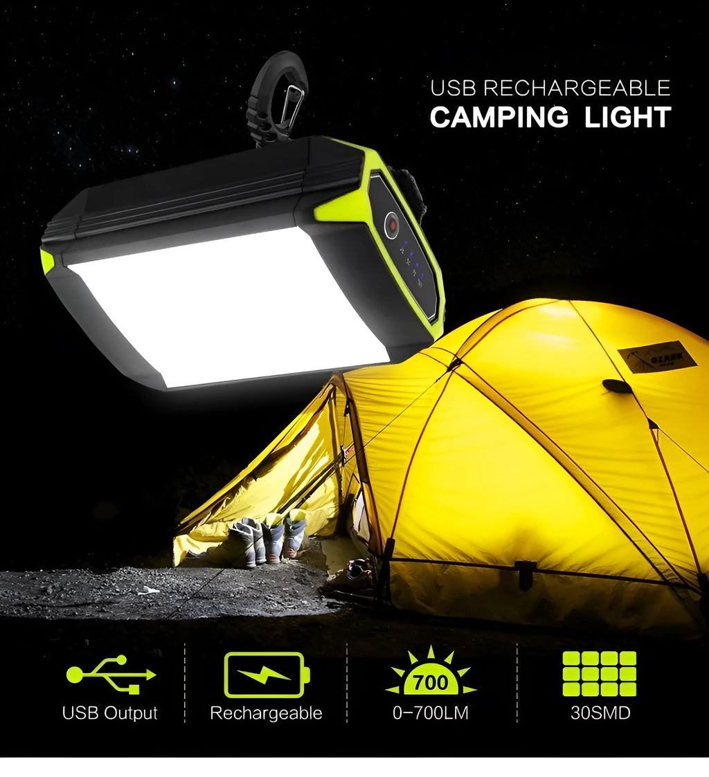 Green rechargeable LED camping light with power bank function showing dimmable controls