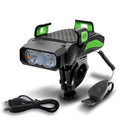A rechargeable bicycle light shown in black, mounted on bicycle handlebars.