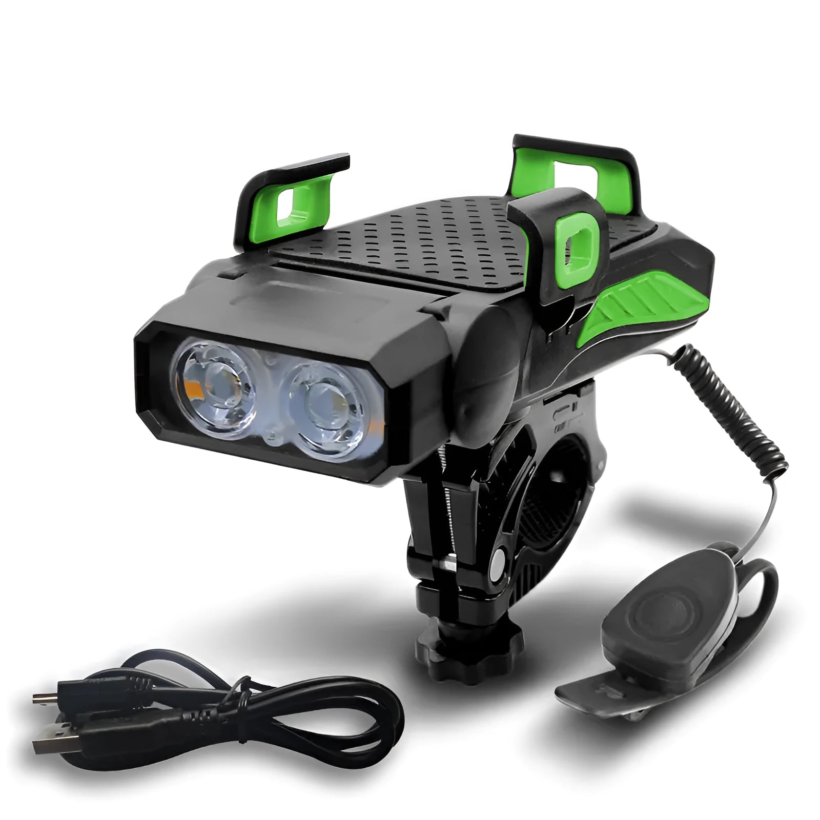 A rechargeable bicycle light shown in black, mounted on bicycle handlebars.