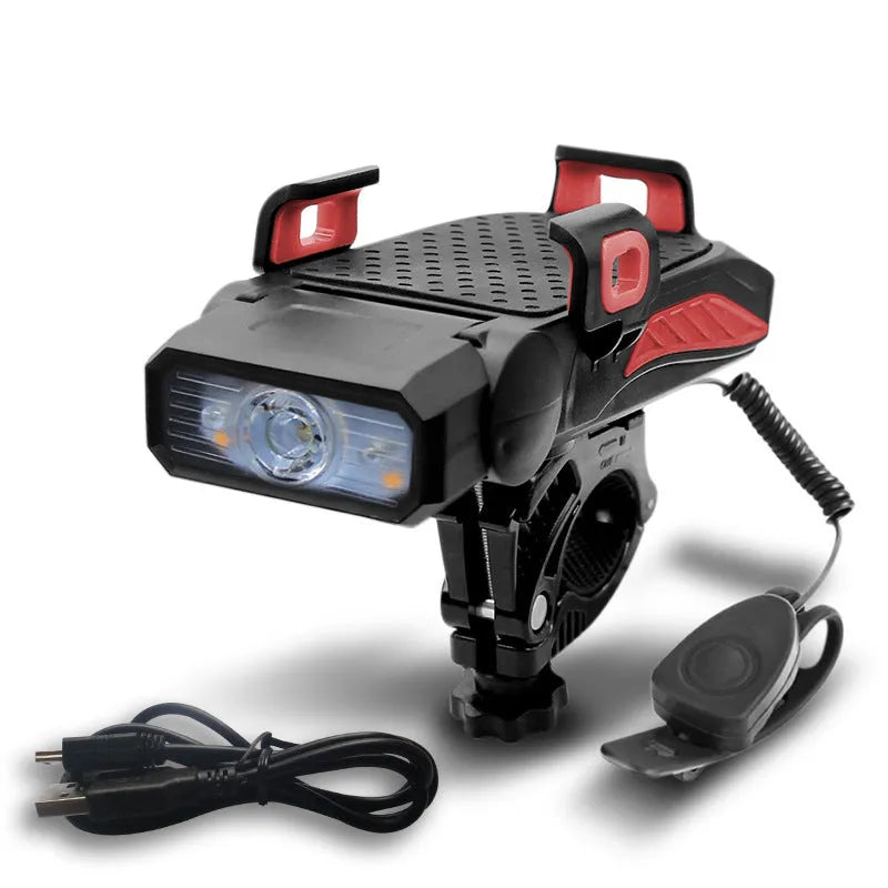 A rechargeable bicycle light shown in black, mounted on bicycle handlebars.