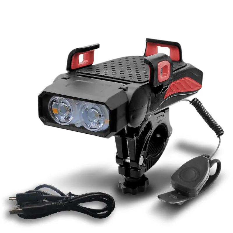 A rechargeable bicycle light shown in black, mounted on bicycle handlebars.