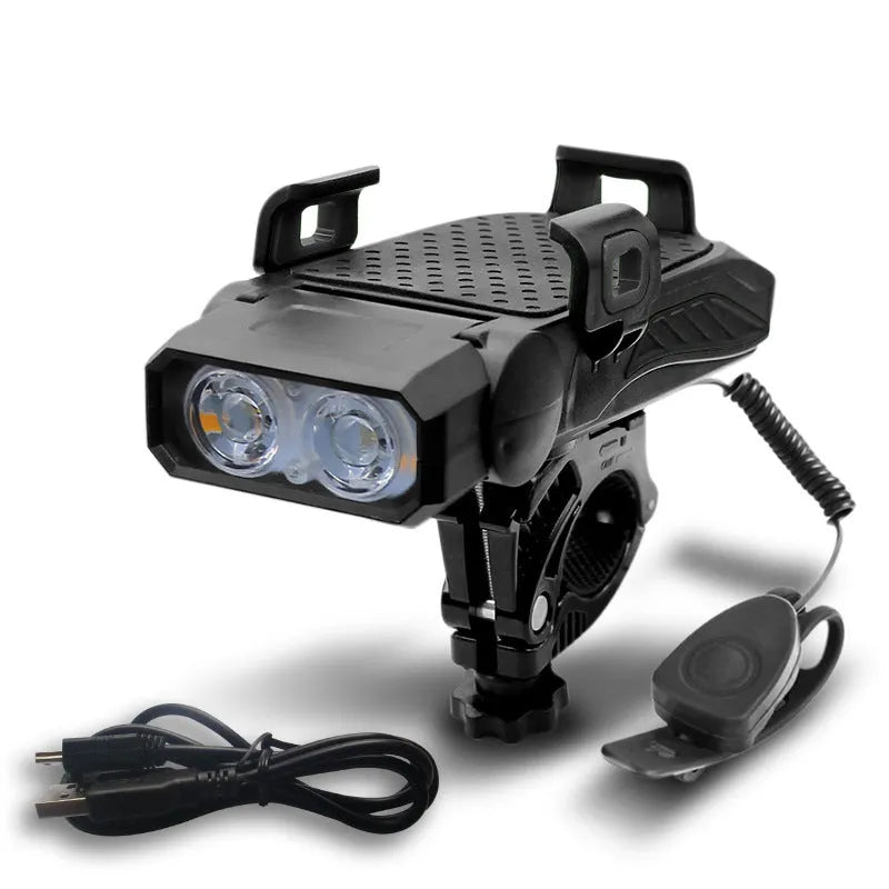 A rechargeable bicycle light shown in black, mounted on bicycle handlebars.
