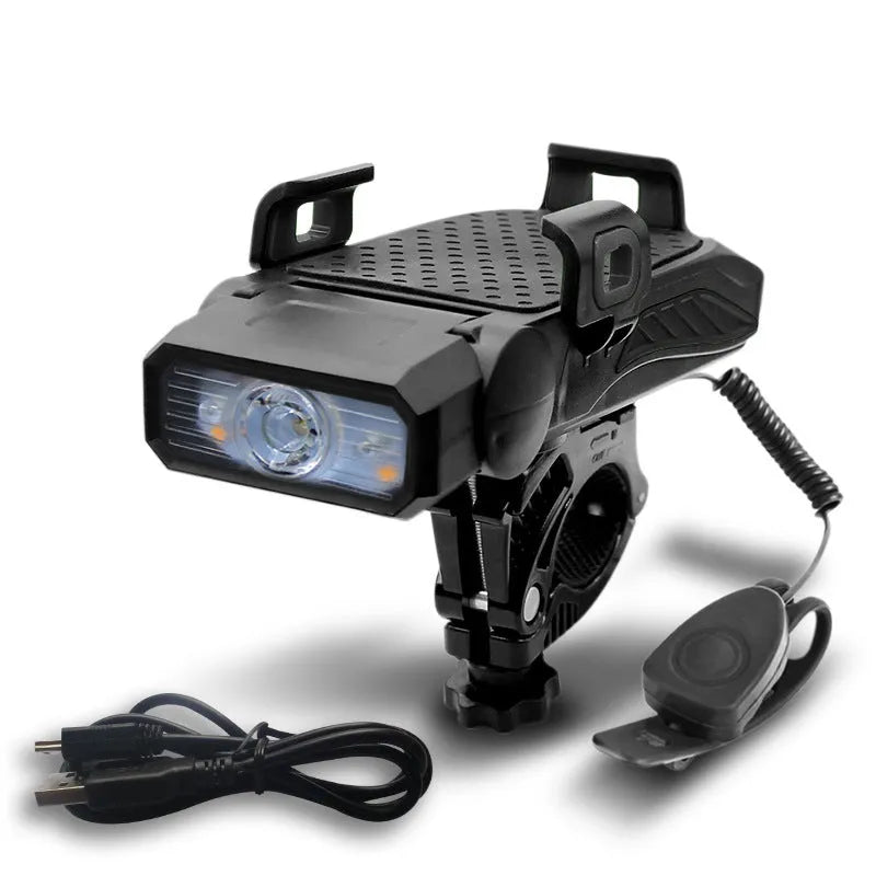 A rechargeable bicycle light shown in black, mounted on bicycle handlebars.