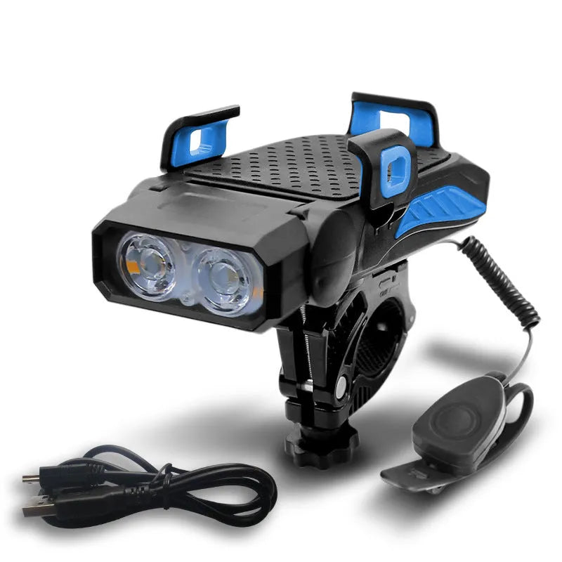 A rechargeable bicycle light shown in black, mounted on bicycle handlebars.