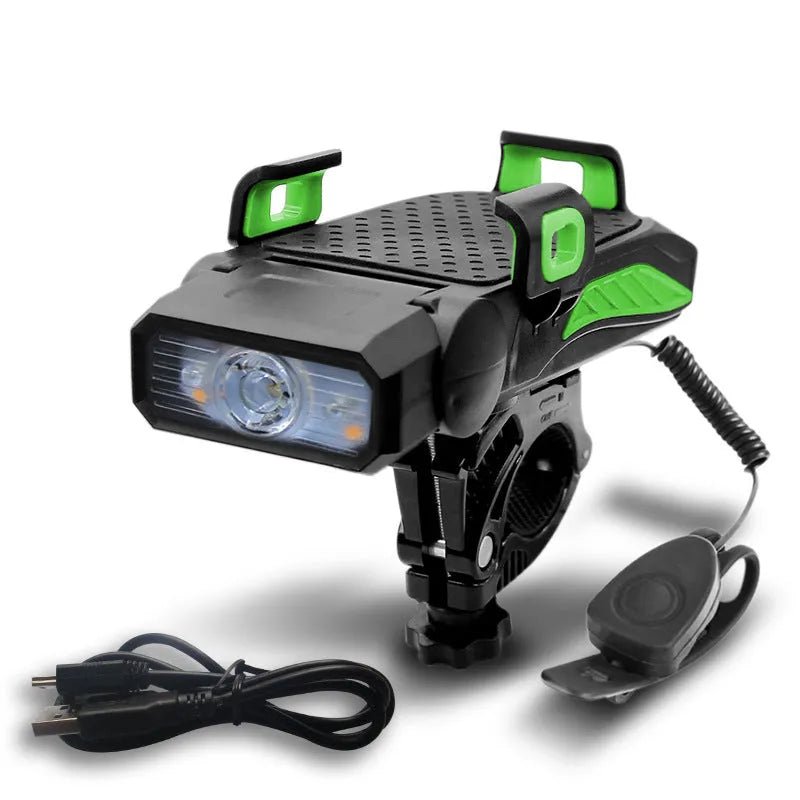A rechargeable bicycle light shown in black, mounted on bicycle handlebars.