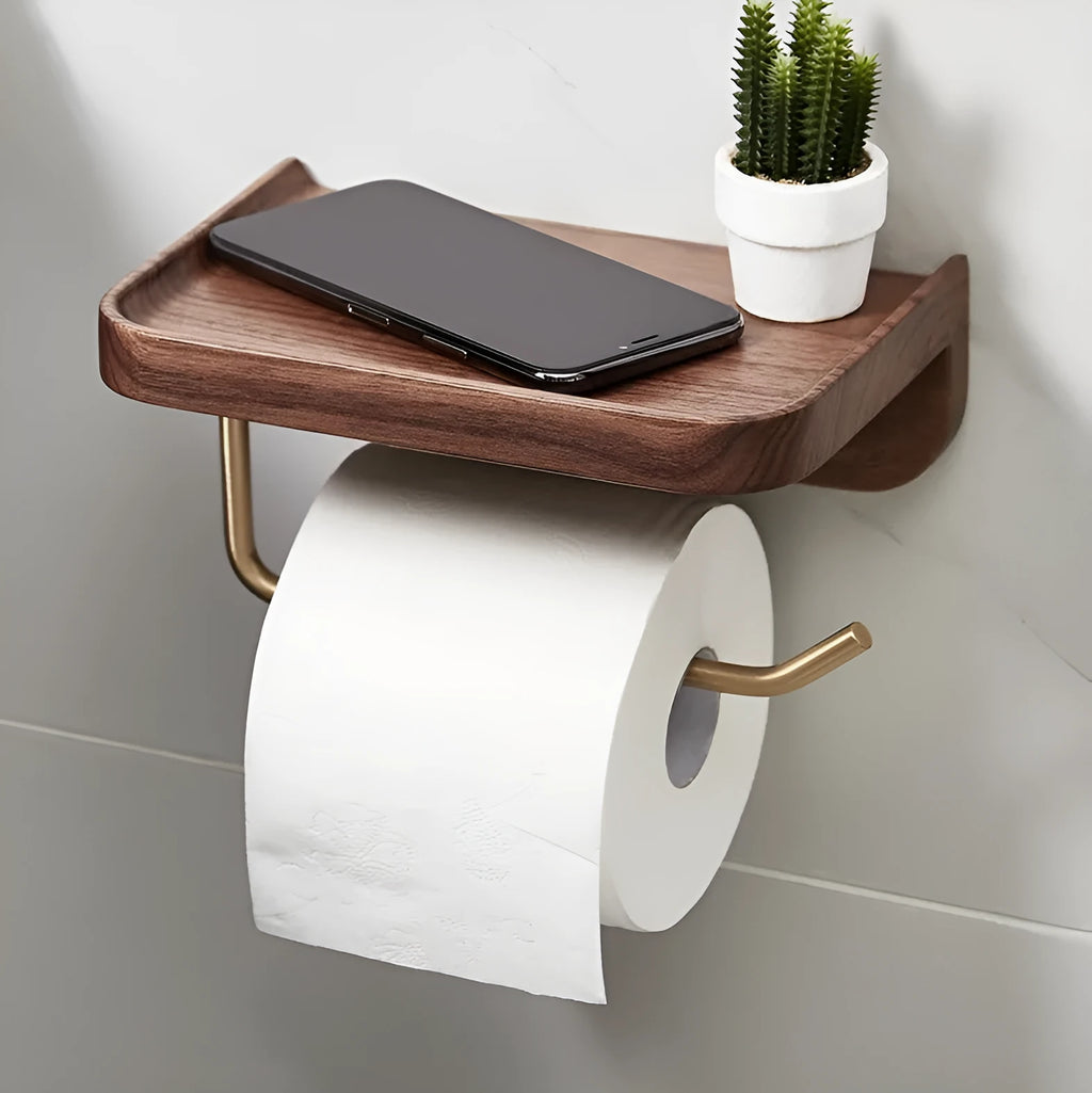 Solid walnut wood wall-mounted paper towel holder with brass fittings, wood colour finish