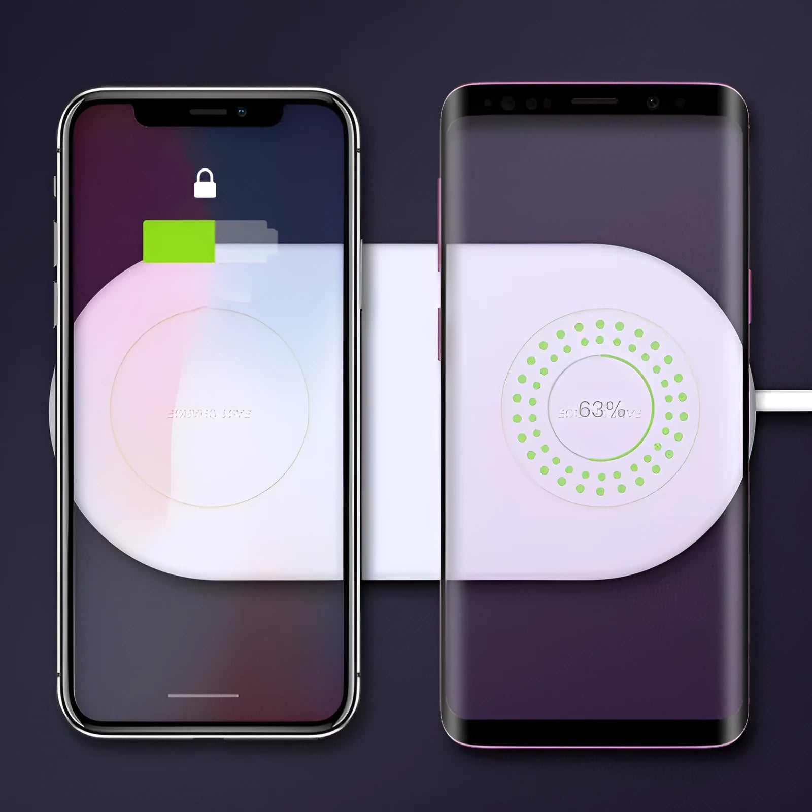 White dual wireless charger charging two mobile phones side by side