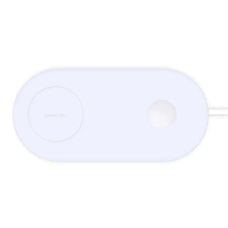 White dual wireless charger charging two mobile phones side by side