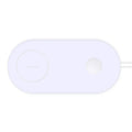 White dual wireless charger charging two mobile phones side by side