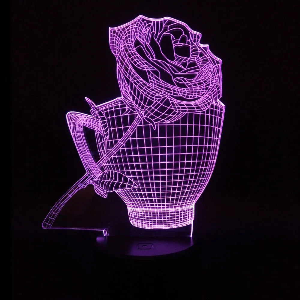 3D rose flower shaped night light with remote control on a table.