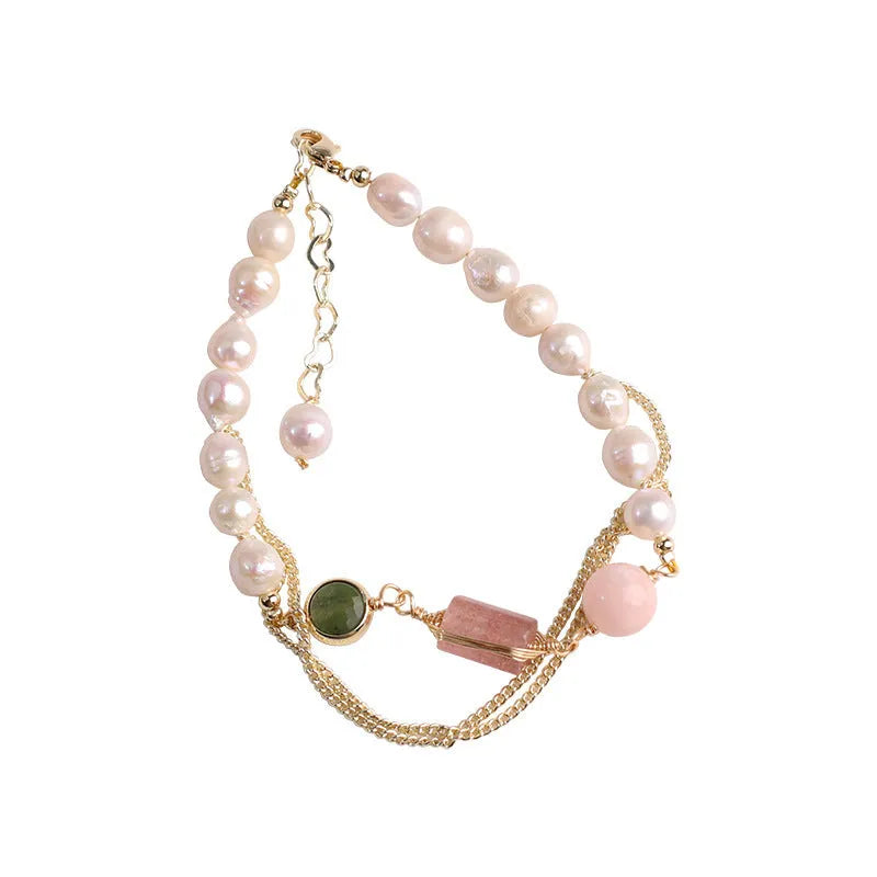 Women's freshwater pearl bracelet with geometric strawberry crystal charm on adjustable 16.5cm chain