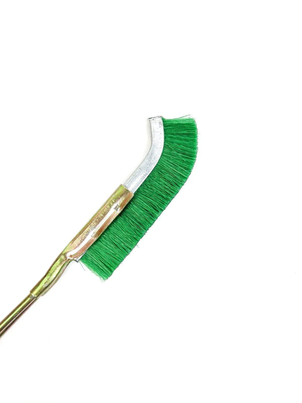 Green mini elbow rust removal brush with metal handle and nylon wire bristles