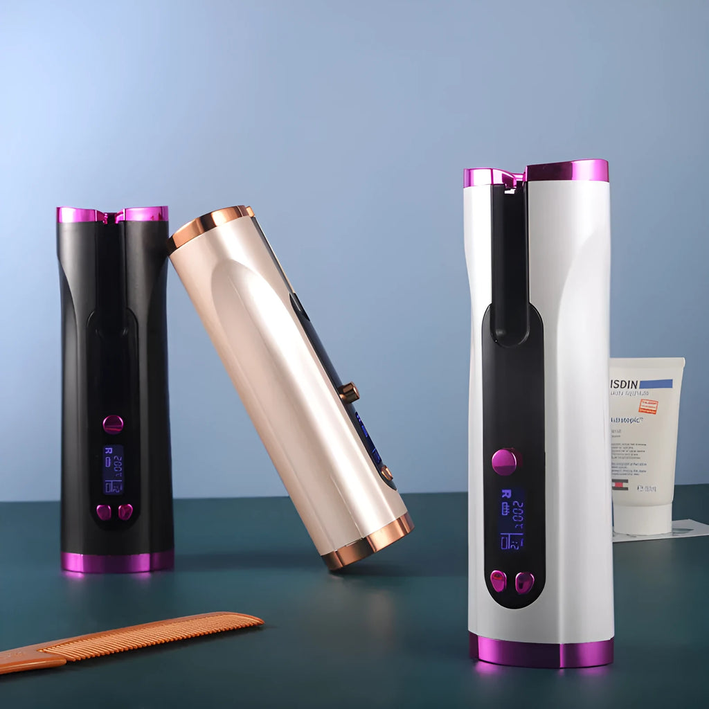 Fully automatic USB cordless curling iron in pink with 3 temperature settings, compact 190x60x50mm