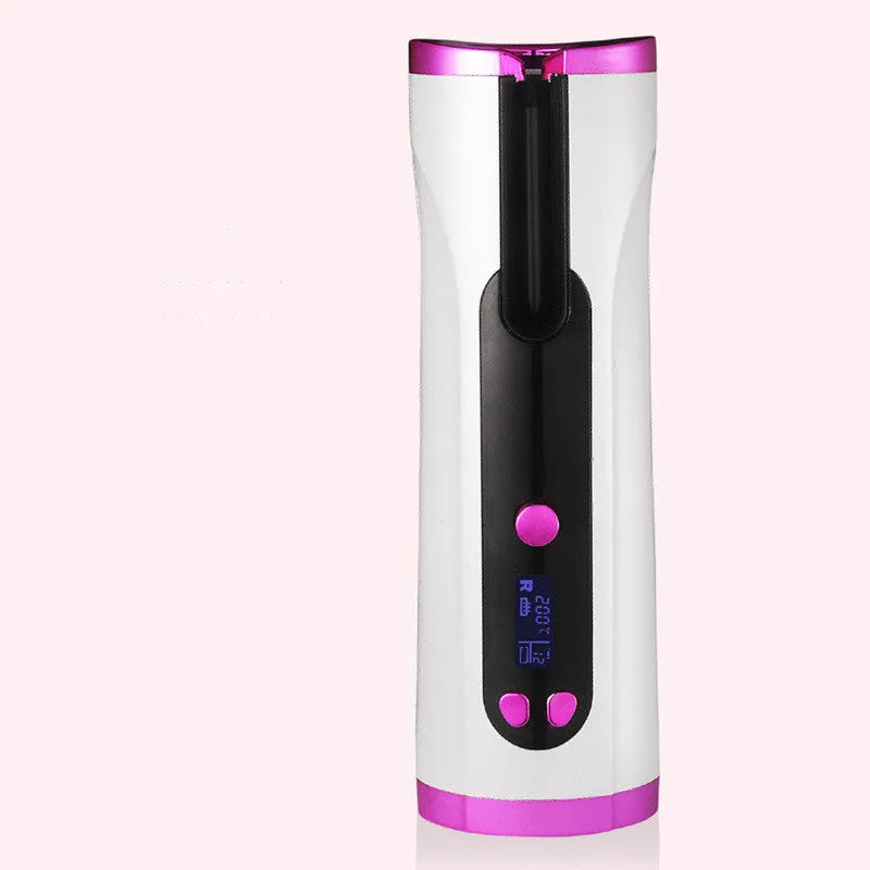 Fully automatic USB cordless curling iron in pink with 3 temperature settings, compact 190x60x50mm