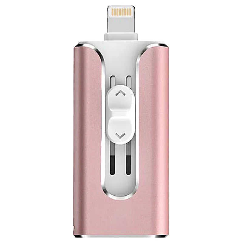 Silver metal USB flash drive with both a Lightning connector and a standard USB connector.