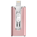 Silver metal USB flash drive with both a Lightning connector and a standard USB connector.
