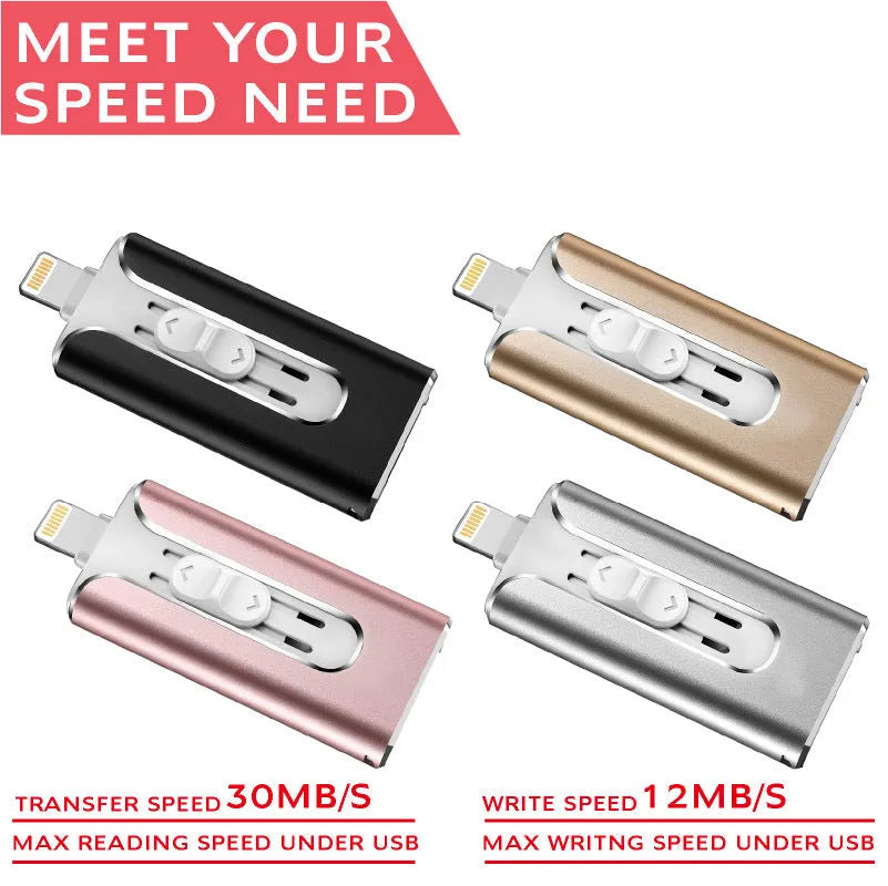 Silver metal USB flash drive with both a Lightning connector and a standard USB connector.