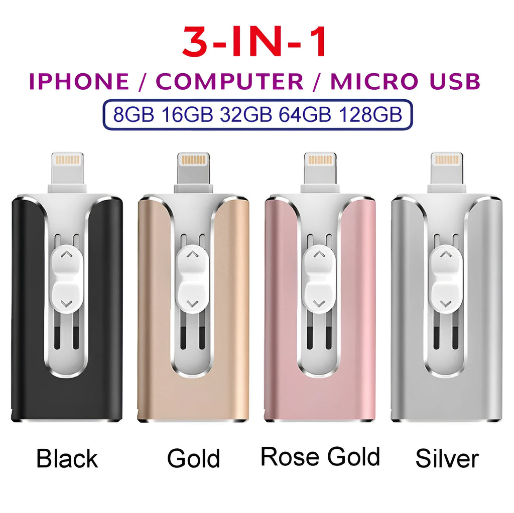 Silver metal USB flash drive with both a Lightning connector and a standard USB connector.