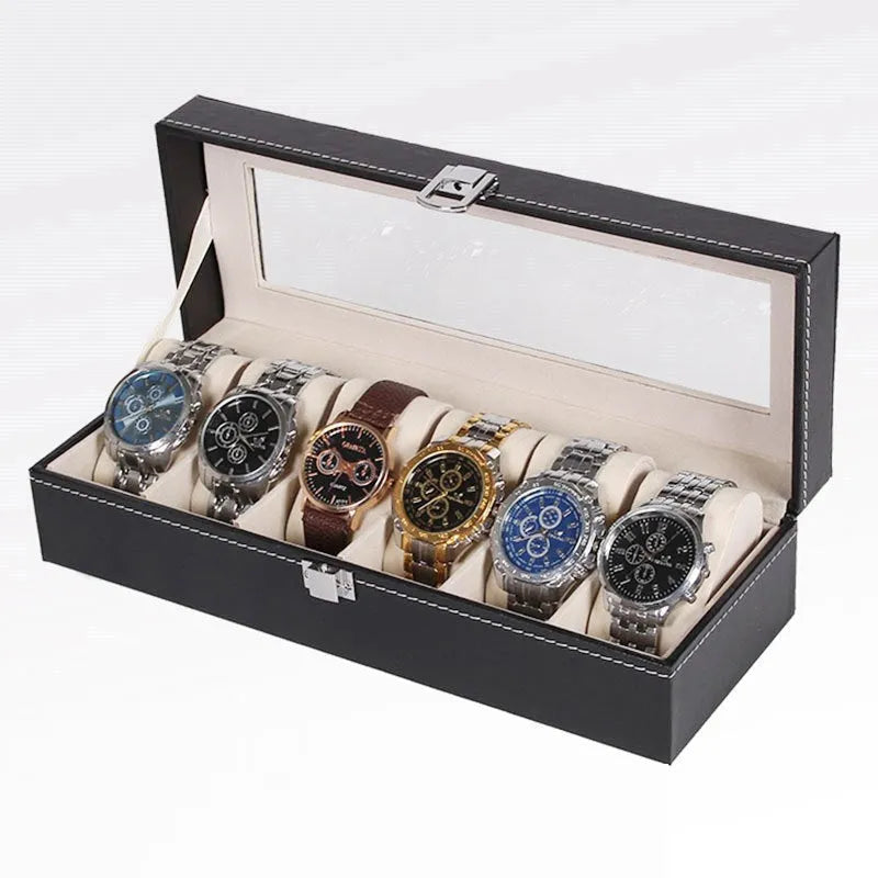 Black wooden watch jewellery box with six display windows showing interior compartments