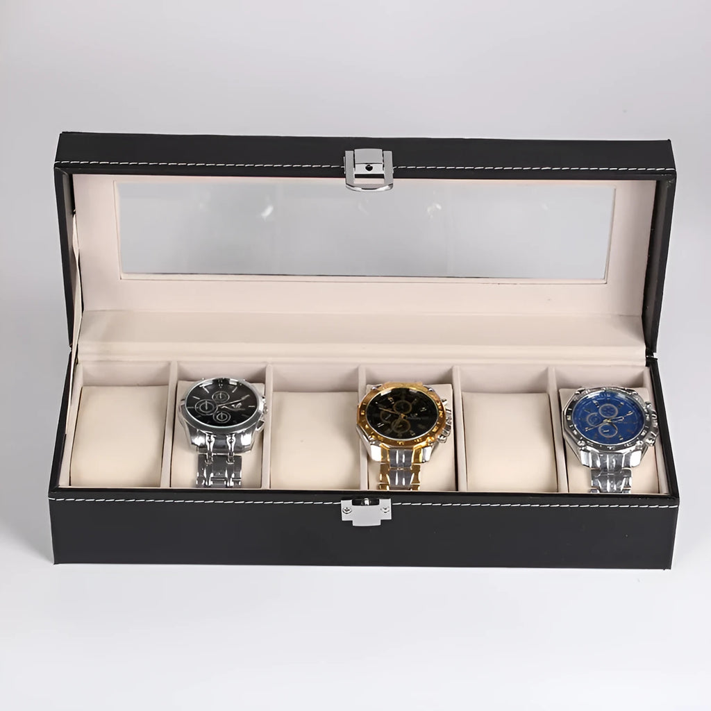 Black wooden watch jewellery box with six display windows showing interior compartments