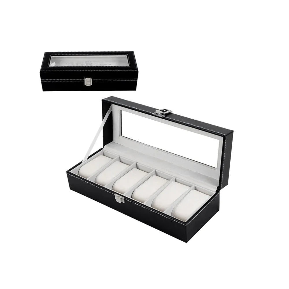 Black wooden watch jewellery box with six display windows showing interior compartments
