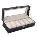 Black wooden watch jewellery box with six display windows showing interior compartments