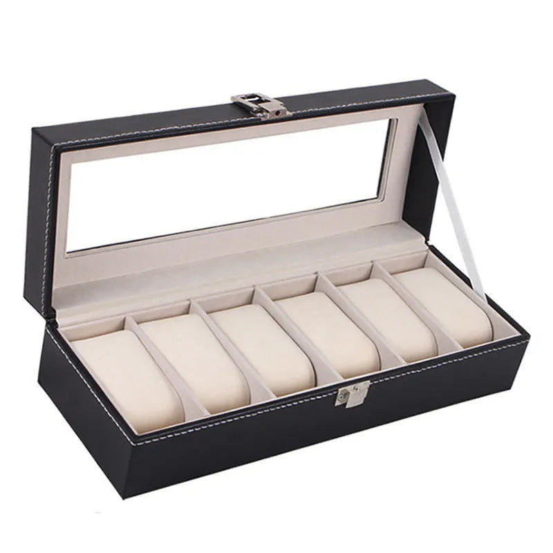 Black wooden watch jewellery box with six display windows showing interior compartments