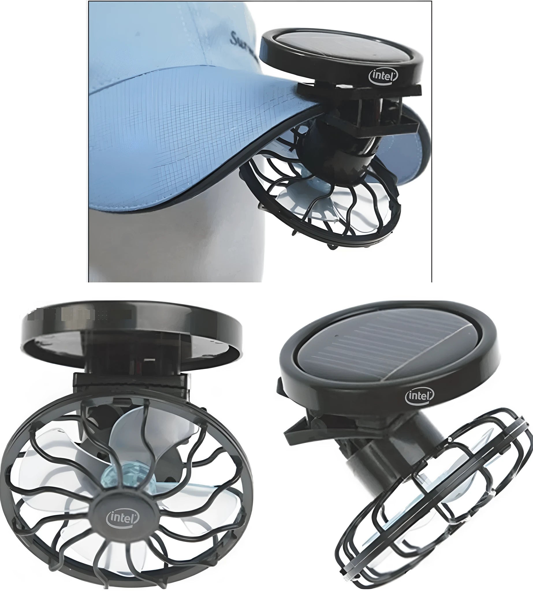 Black solar-powered clip fan with rectangular solar panel for outdoor cooling