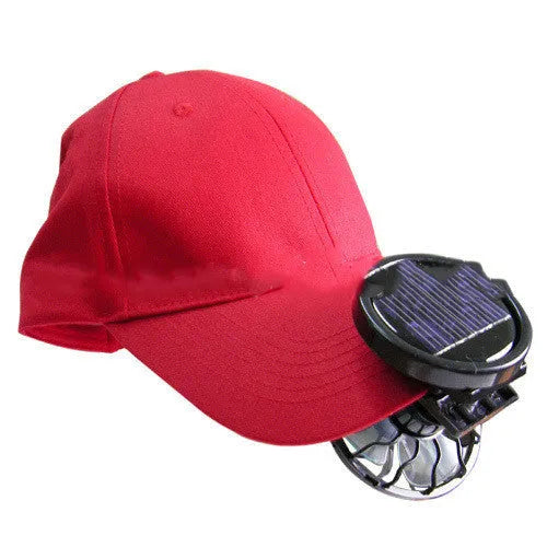 Black solar-powered clip fan with rectangular solar panel for outdoor cooling