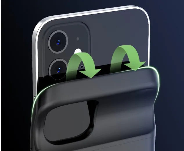 Black TPU soft case wireless back clip battery for iPhone 12, showing clip and multi-U port.