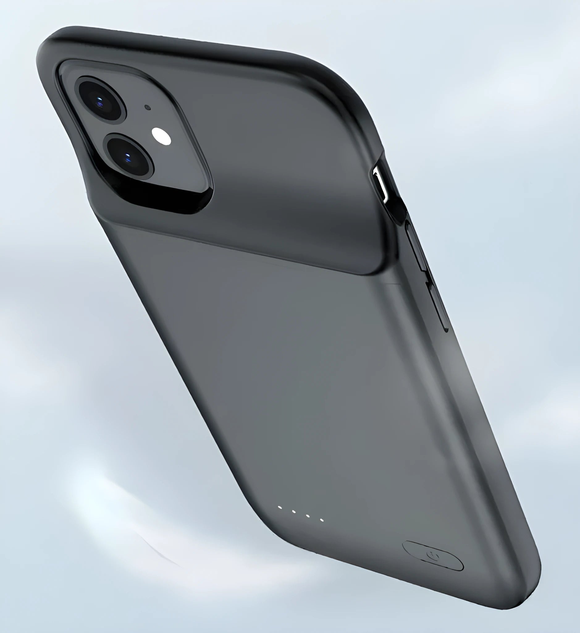 Black TPU soft case wireless back clip battery for iPhone 12, showing clip and multi-U port.