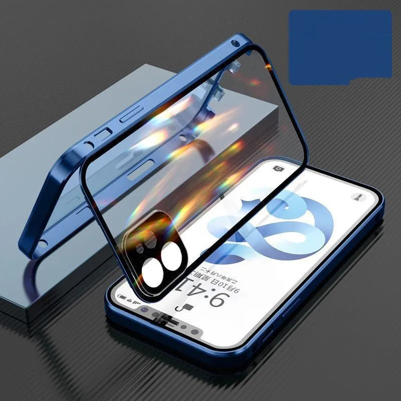 Aluminium and tempered glass iPhone bumper case in black, showing magnetic snap-on design and camera lens cover.