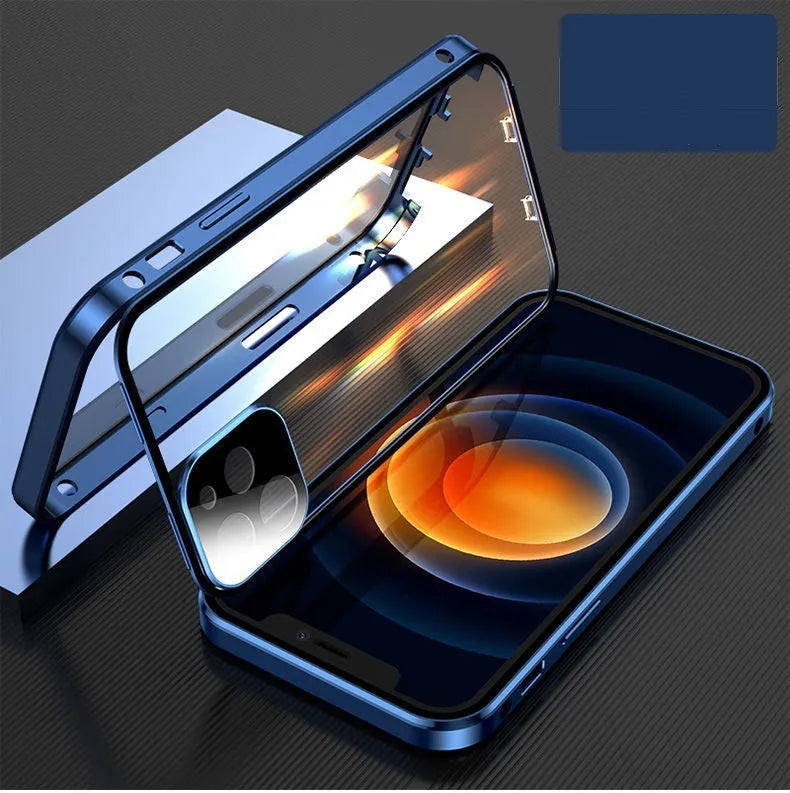 Aluminium and tempered glass iPhone bumper case in black, showing magnetic snap-on design and camera lens cover.