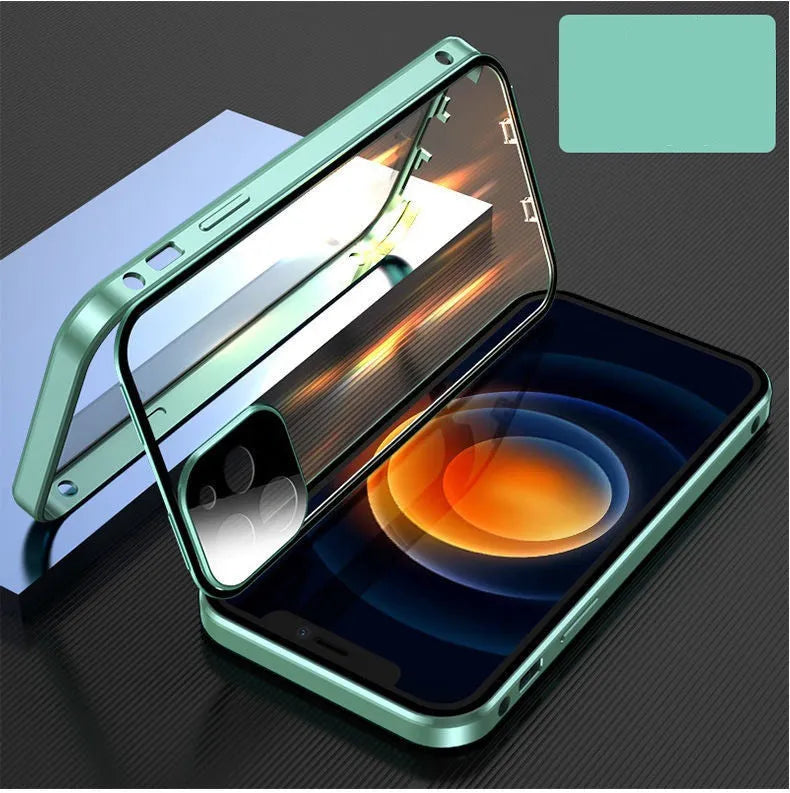 Aluminium and tempered glass iPhone bumper case in black, showing magnetic snap-on design and camera lens cover.