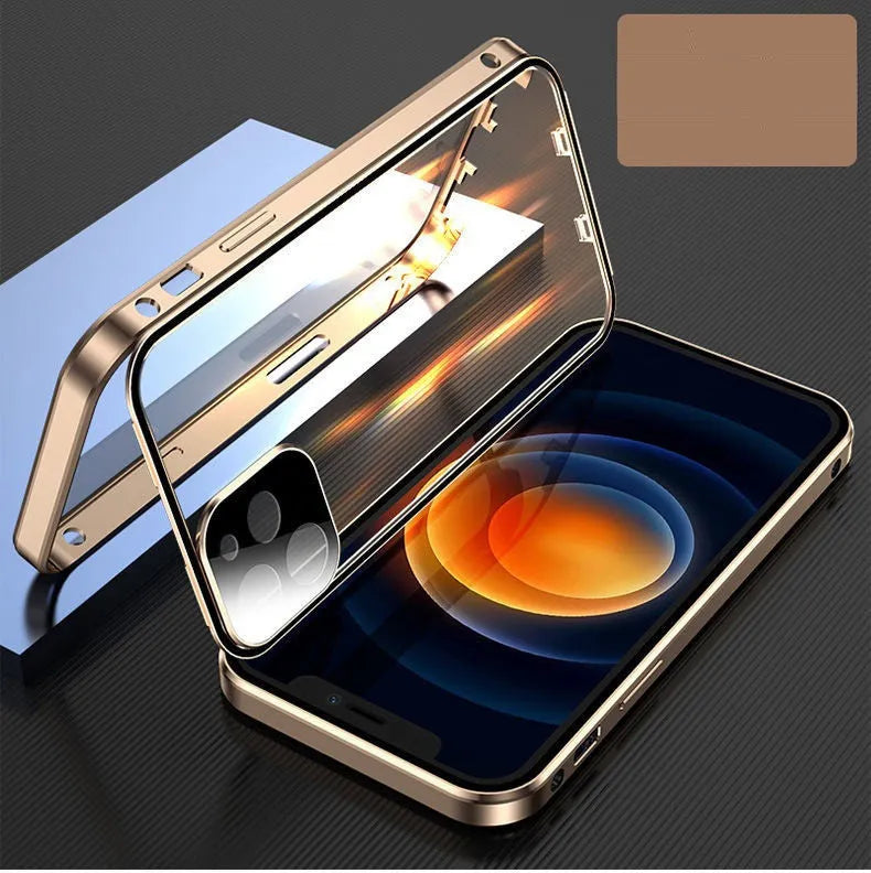 Aluminium and tempered glass iPhone bumper case in black, showing magnetic snap-on design and camera lens cover.