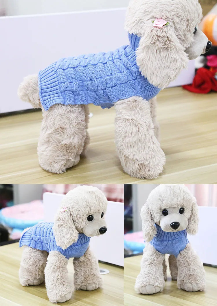 Wool twisted rope dog sweater in multiple colours and sizes with chest and back length measurements